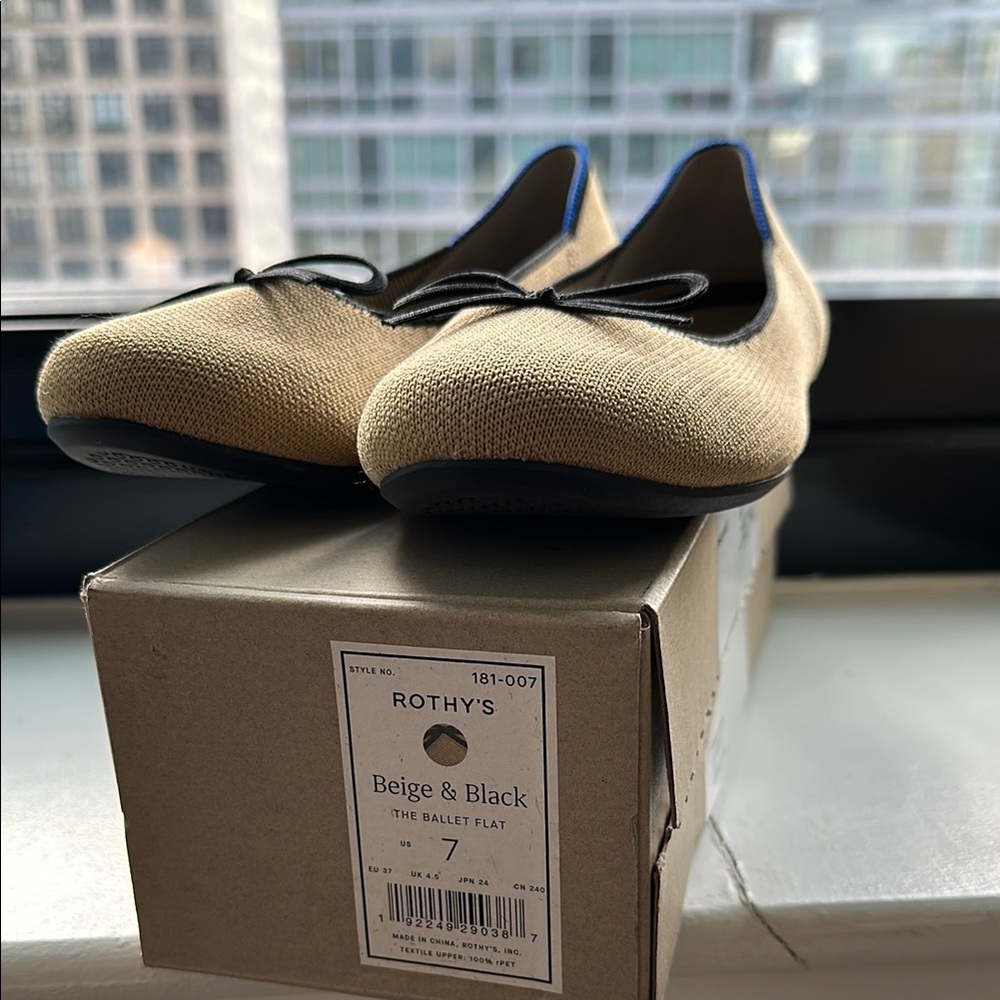 Rothy's Beige and Black Ballet Flats with Bow Detail